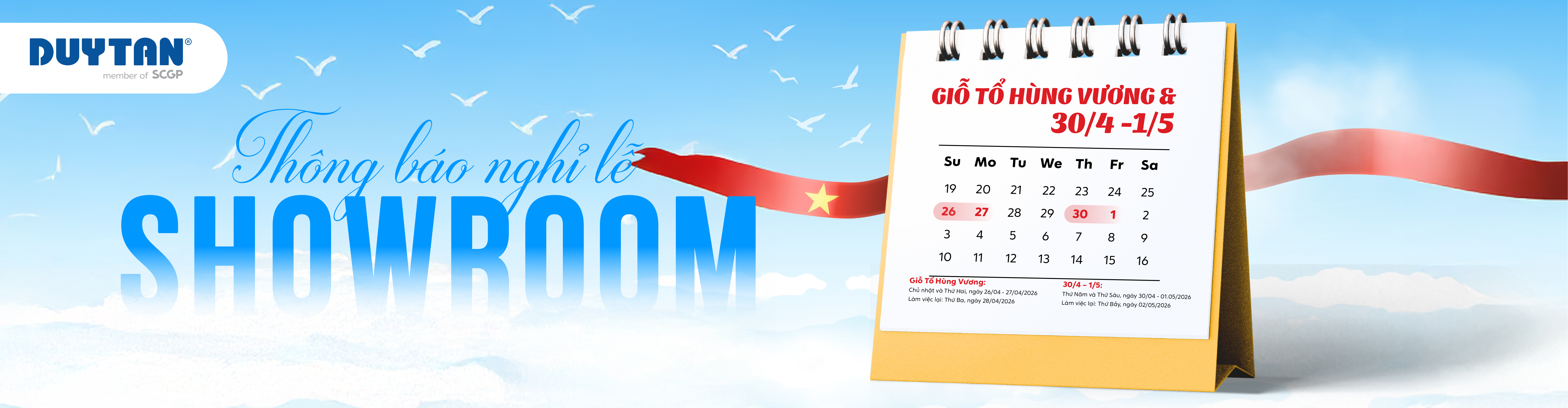 THÔNG BÁO LỊCH NGHỈ LỄ GIỖ TỔ HÙNG VƯƠNG VÀ 30/4 - 1/5 TẠI SHOWROOM