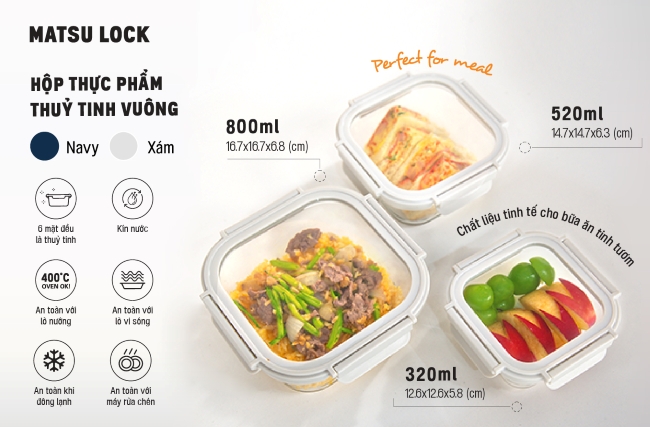 HỘP THỰC PHẨM THỦY TINH VUÔNG MATSU LOCK - CHỐNG TRÀN, GIỮ CƠM NGON TRỌN NGÀY