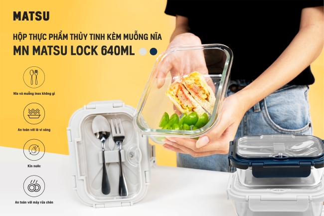 HỘP THỰC PHẨM THỦY TINH KÈM MUỖNG NĨA MATSU LOCK 640ML – ĂN NGON, MANG GỌN, TRỌN AN TÂM