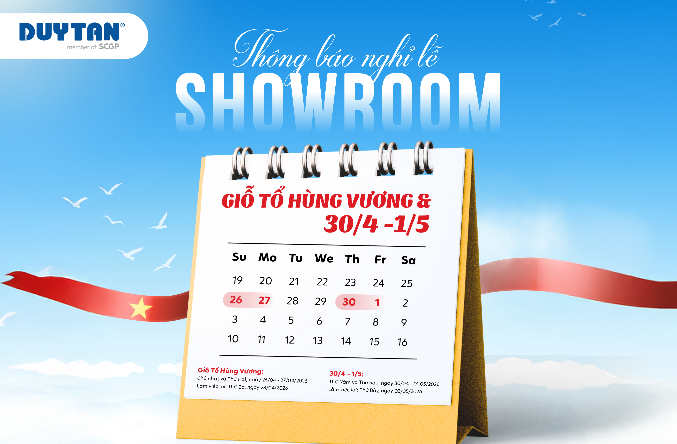 THÔNG BÁO LỊCH NGHỈ LỄ DỊP GIỖ TỔ HÙNG VƯƠNG VÀ 30/4 - 1/5 TẠI SHOWROOM